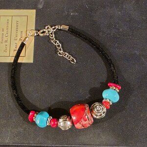 Turquoise & Coral Stone Bracelet with Black Velvet Silver Tone Accents Style B